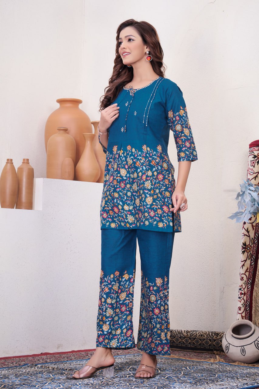 Pramukh Fab Teal Color Cotton Co-ord Set - Distacart