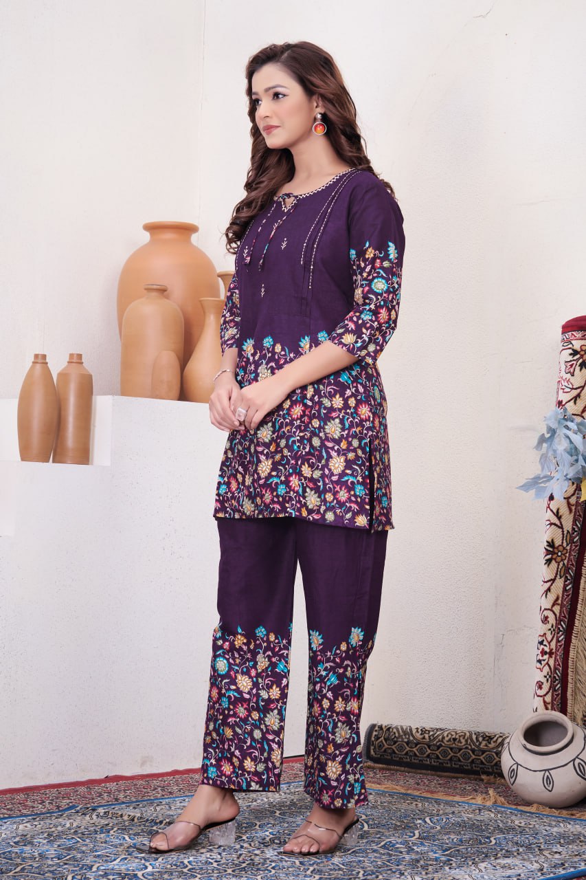 Pramukh Fab Plum Color Cotton Co-ord Set - Distacart