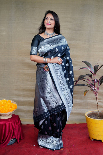 Monjolika Fashion Black Woven Banarasi Silk Blend Saree With Blouse - Dista