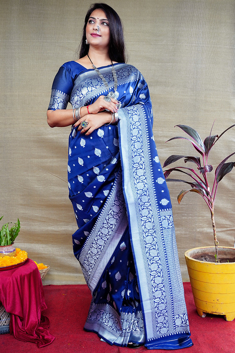 Monjolika Fashion Navy Blue Woven Banarasi Silk Blend Saree With Blouse - Dista