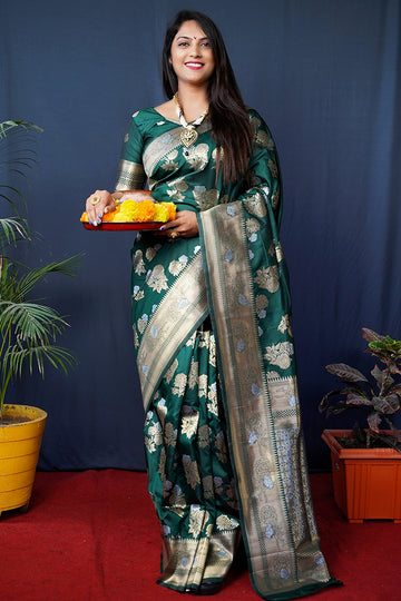 Monjolika Fashion Dark Green Woven Banarasi Silk Blend Saree With Blouse - Dista