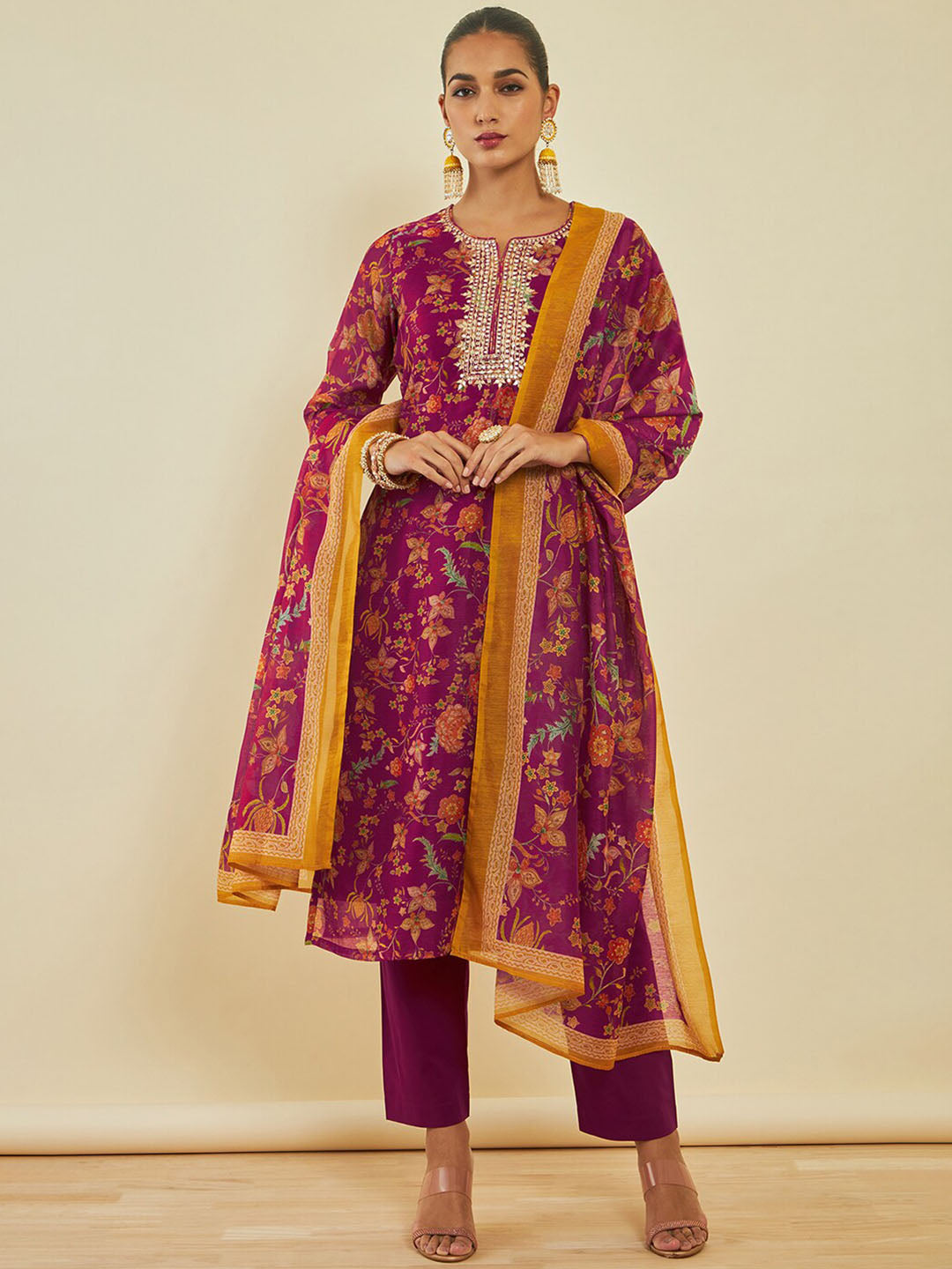 Soch Floral Printed Sequinned Kurta & Trousers With Dupatta - Distacart