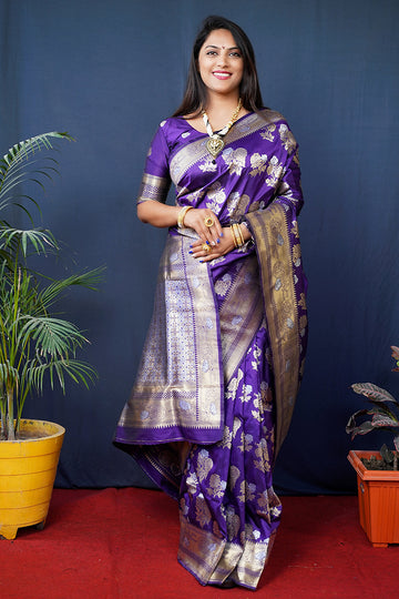 Monjolika Fashion Violet Woven Banarasi Silk Blend Saree With Blouse - Dista