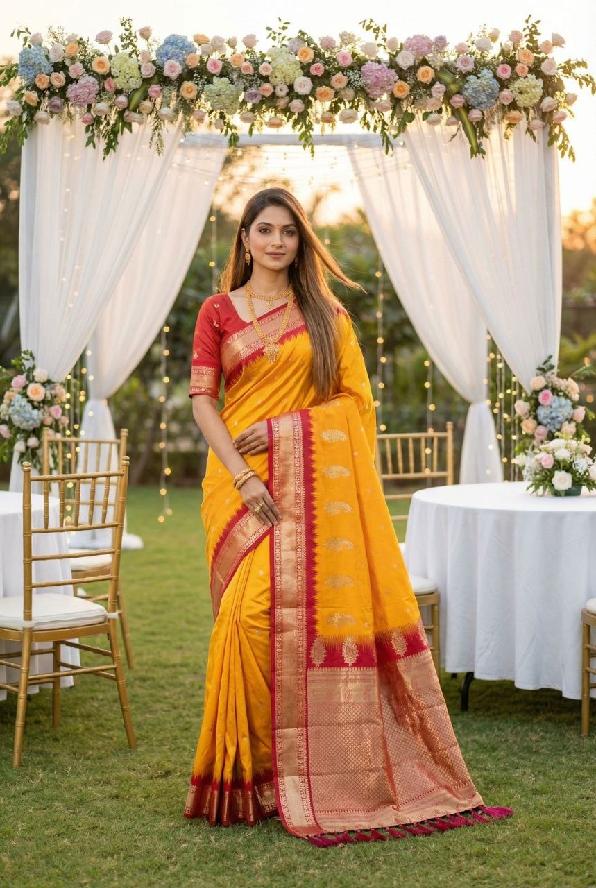 Mameraa Sarees Yellow Soft Silk Blend Saree With Zari Weaving Meenakari Design-Yellow - Dista