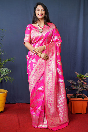Monjolika Fashion Rani Pink Woven Banarasi Silk Blend Saree With Blouse - Dista