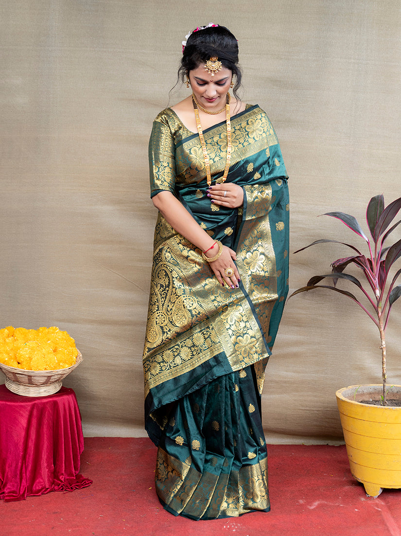 Monjolika Fashion Deep Teal Green Banarasi Silk Blend Saree With Golden Zari Work - Dista