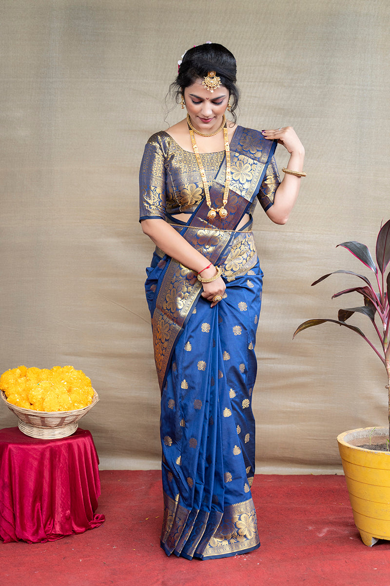 Monjolika Fashion Royal Blue Banarasi Silk Blend Saree With Golden Zari Work - Dista