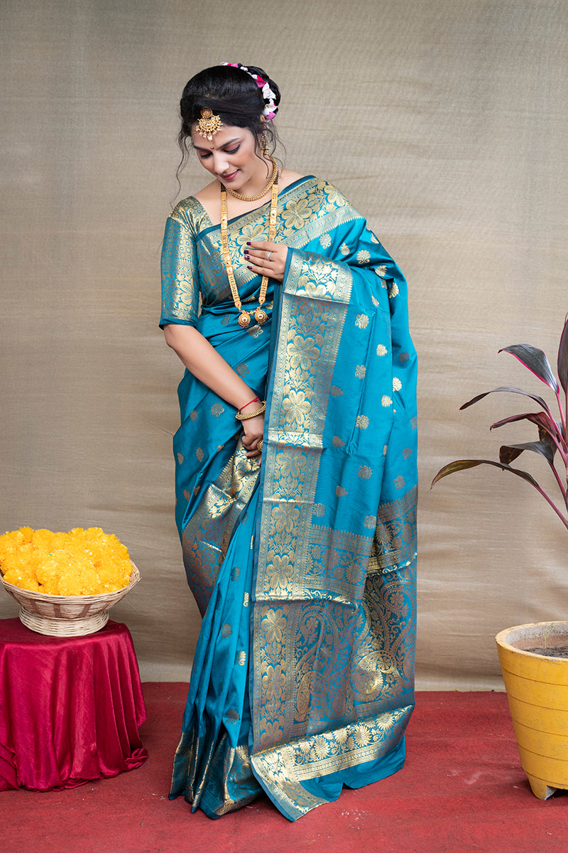 Monjolika Fashion Aqua Blue Banarasi Silk Blend Saree With Golden Zari Work - Dista
