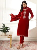 Thumbnail for Yufta Velvet Maroon Kurta Dupatta Set With Embroidery