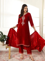 Thumbnail for Yufta Velvet Maroon Kurta Dupatta Set With Embroidery