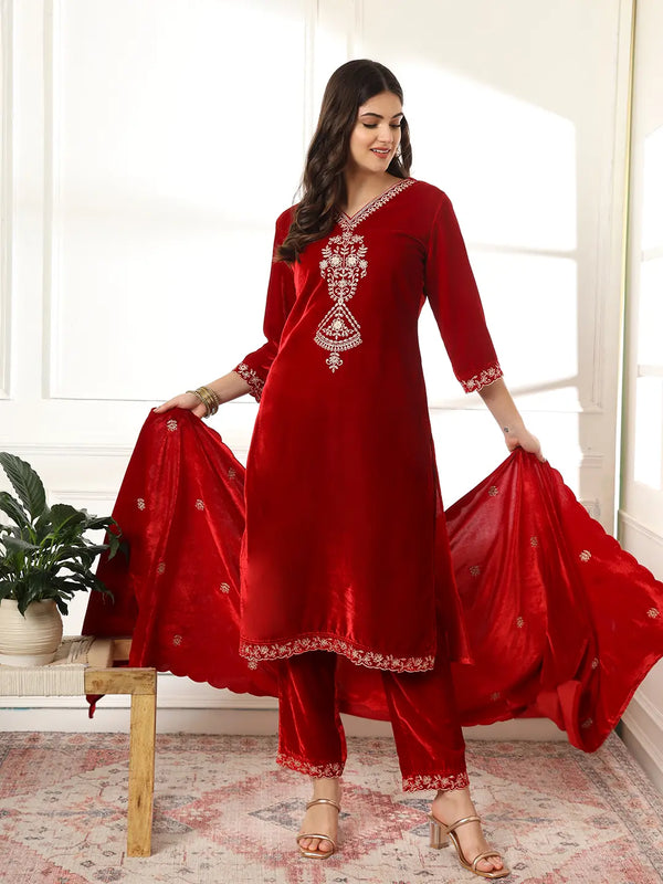 Yufta Velvet Maroon Kurta Dupatta Set With Embroidery