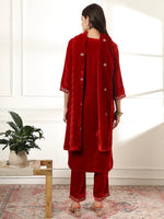 Thumbnail for Yufta Velvet Maroon Kurta Dupatta Set With Embroidery