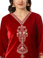 Thumbnail for Yufta Velvet Maroon Kurta Dupatta Set With Embroidery