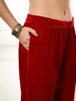 Thumbnail for Yufta Velvet Maroon Kurta Dupatta Set With Embroidery
