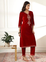 Thumbnail for Yufta Velvet Maroon Kurta Dupatta Set With Embroidery