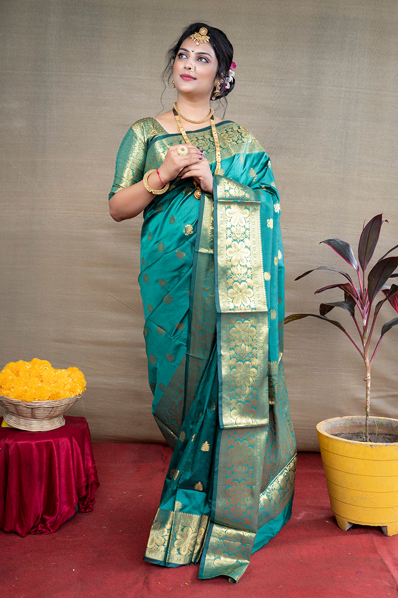 Monjolika Fashion Turquoise Banarasi Silk Blend Saree With Golden Zari Work - Dista