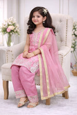 Thumbnail for Evanik Pink Embroidered Sequence Work Fendy Silk Kids Kurta Set - Dista