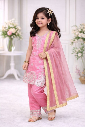 Evanik Pink Embroidered Sequence Work Fendy Silk Kids Kurta Set - Dista