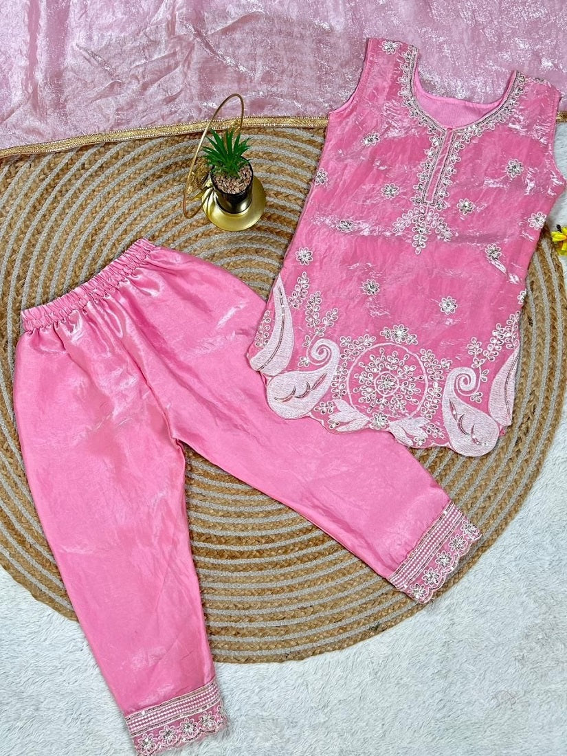 Evanik Pink Embroidered Sequence Work Fendy Silk Kids Kurta Set - Dista