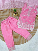 Thumbnail for Evanik Pink Embroidered Sequence Work Fendy Silk Kids Kurta Set - Dista