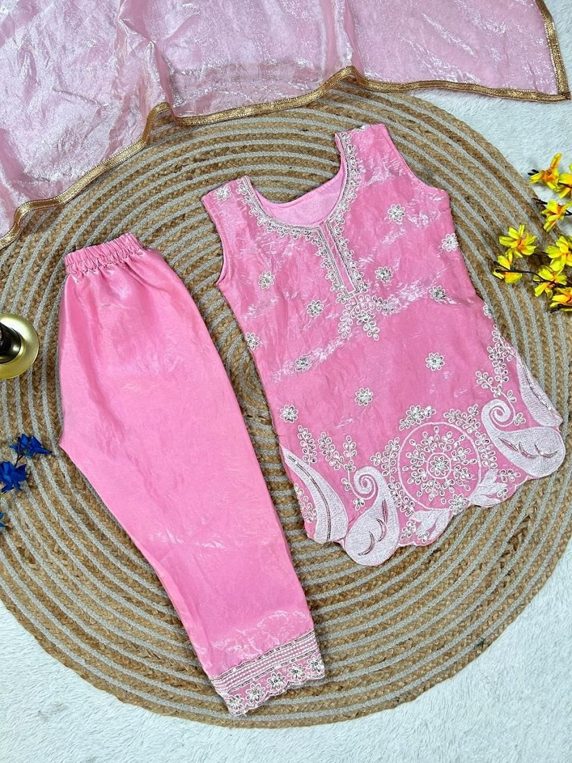 Evanik Pink Embroidered Sequence Work Fendy Silk Kids Kurta Set - Dista