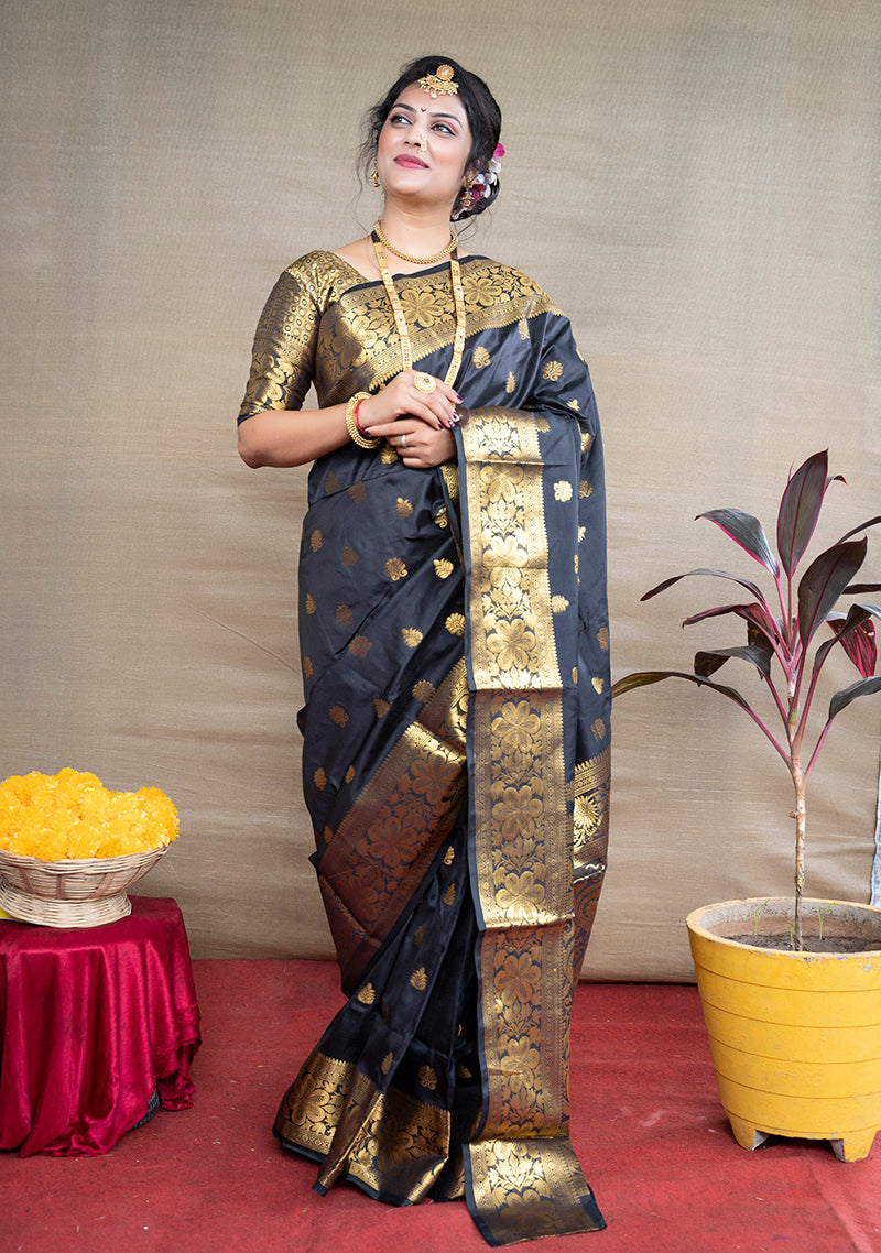 Monjolika Fashion Black Banarasi Silk Blend Saree With Golden Zari Work - Dista