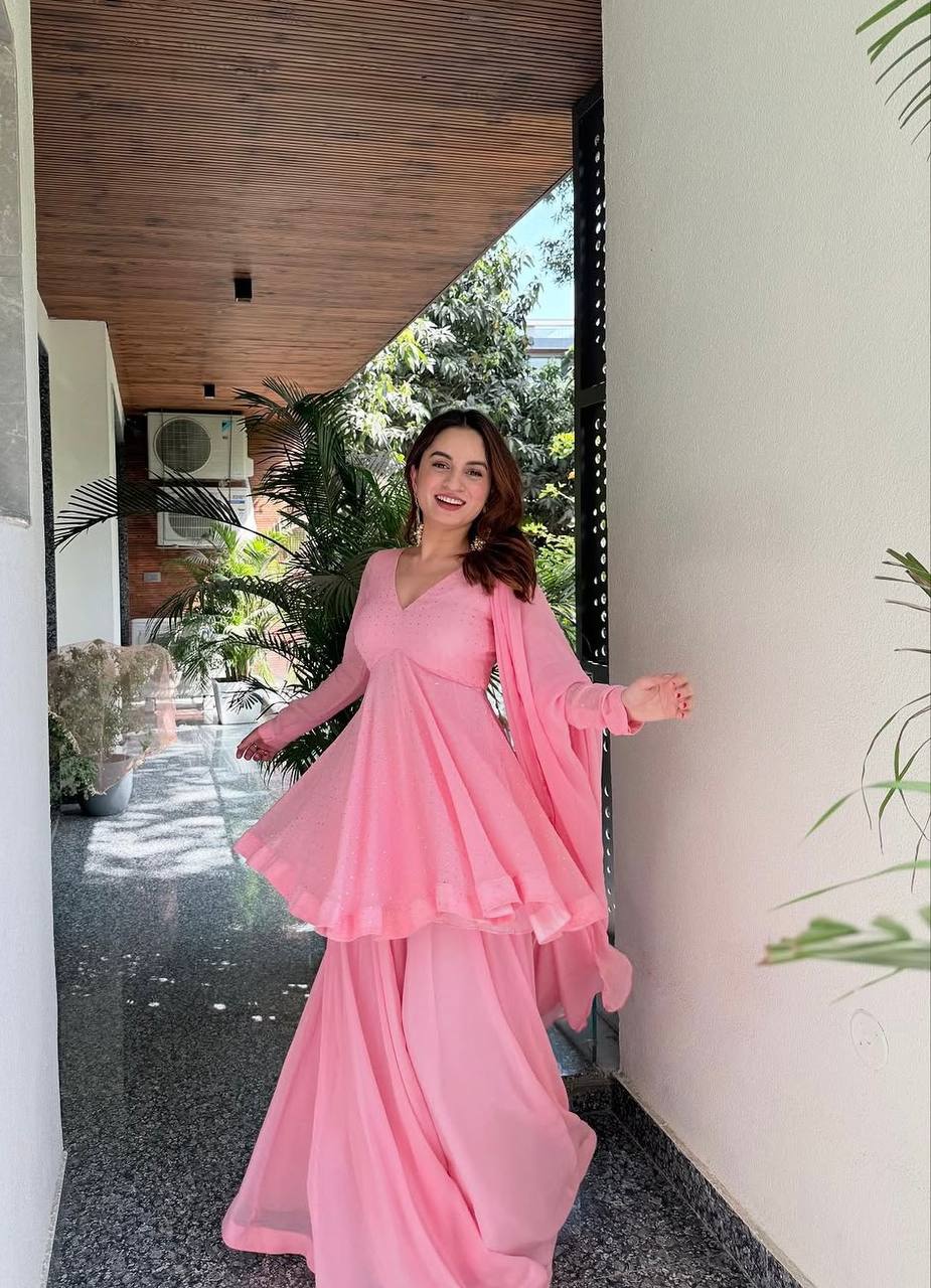 Yash Enterprise Pink Blooming Silk Party Wear Sharara Suit Set - Distacart