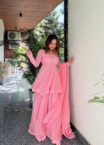 Thumbnail for Yash Enterprise Pink Blooming Silk Party Wear Sharara Suit Set - Distacart