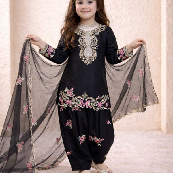 Evanik Black Designer Party Wear Heavy Natural Crep Kids Patiala Set - Distacart