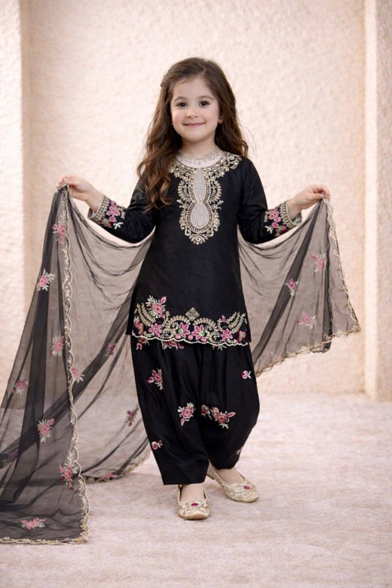 Evanik Black Designer Party Wear Heavy Natural Crep Kids Patiala Set - Distacart
