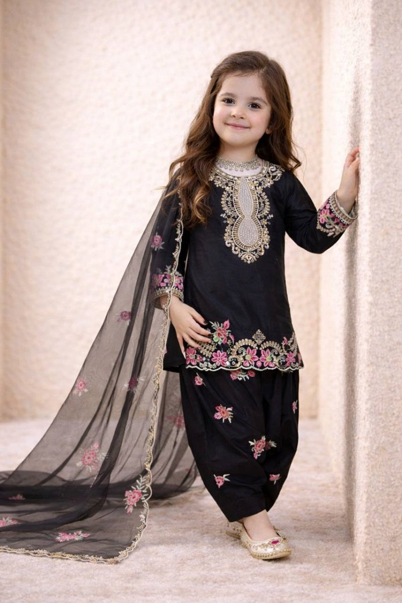 Evanik Black Designer Party Wear Heavy Natural Crep Kids Patiala Set - Distacart