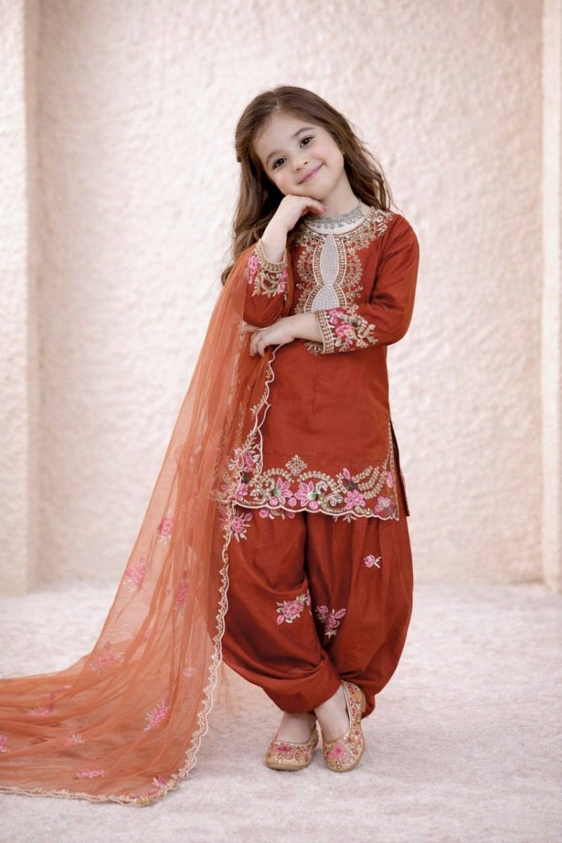 Evanik Orange Designer Party Wear Heavy Natural Crep Kids Patiala Set - Distacart