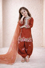 Thumbnail for Evanik Orange Designer Party Wear Heavy Natural Crep Kids Patiala Set - Distacart