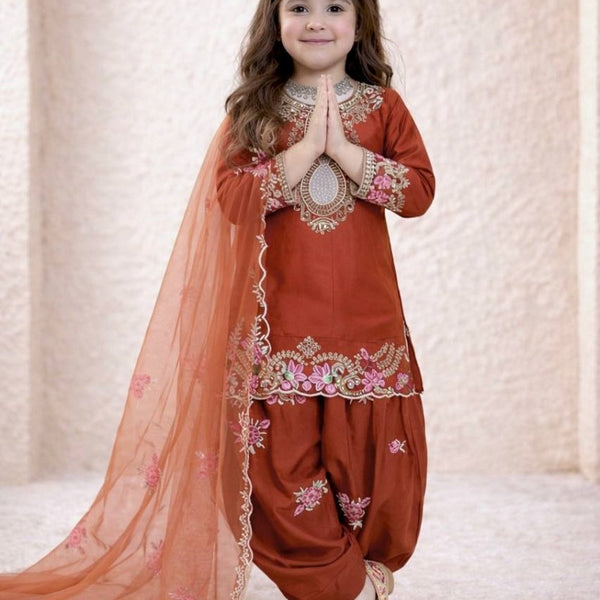 Evanik Orange Designer Party Wear Heavy Natural Crep Kids Patiala Set - Distacart