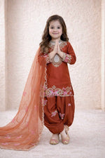 Thumbnail for Evanik Orange Designer Party Wear Heavy Natural Crep Kids Patiala Set - Distacart