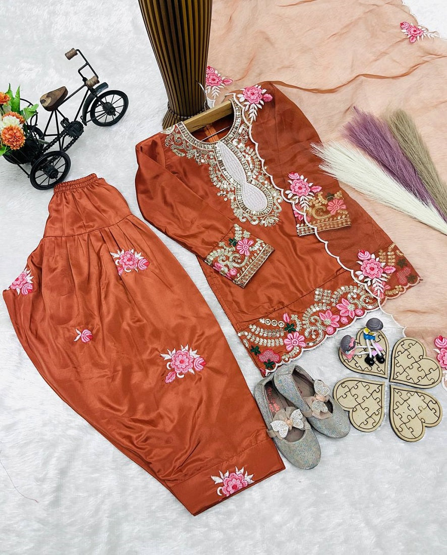 Evanik Orange Designer Party Wear Heavy Natural Crep Kids Patiala Set - Distacart