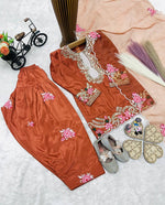 Thumbnail for Evanik Orange Designer Party Wear Heavy Natural Crep Kids Patiala Set - Distacart