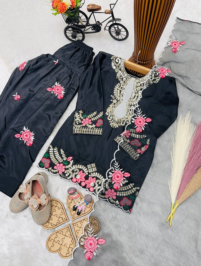 Evanik Black Designer Party Wear Heavy Natural Crep Kids Patiala Set - Distacart