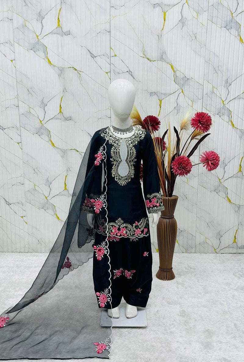 Evanik Black Designer Party Wear Heavy Natural Crep Kids Patiala Set - Distacart