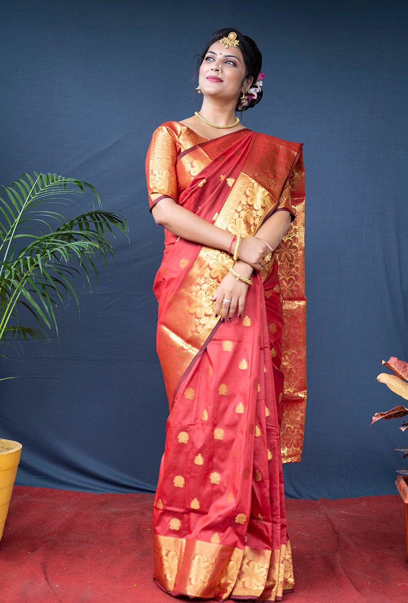 Monjolika Fashion Red Banarasi Silk Blend Saree With Golden Zari Work - Dista