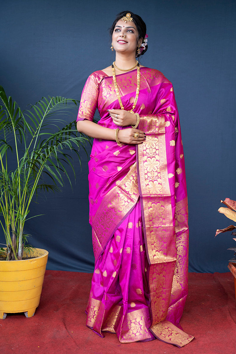 Monjolika Fashion Rani Pink Banarasi Silk Blend Saree With Golden Zari Work - Dista