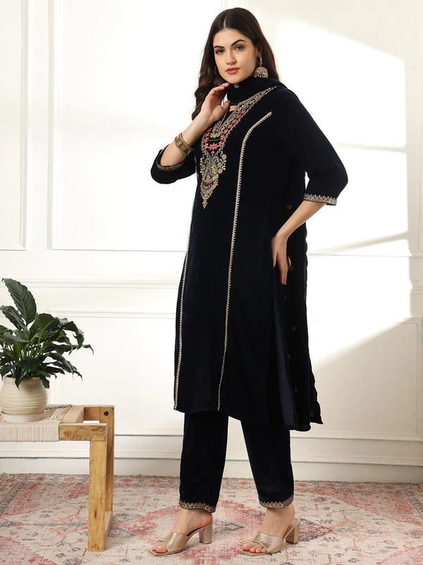 Yufta Velvet Black Kurta Dupatta Set With Embroidery - Distacart