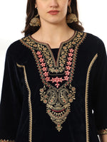 Thumbnail for Yufta Velvet Black Kurta Dupatta Set With Embroidery - Distacart