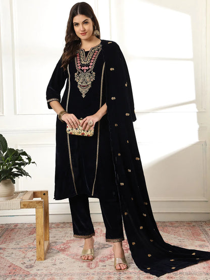 Yufta Velvet Black Kurta Dupatta Set With Embroidery - Distacart