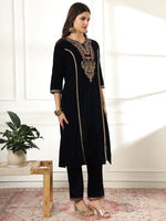 Thumbnail for Yufta Velvet Black Kurta Dupatta Set With Embroidery - Distacart
