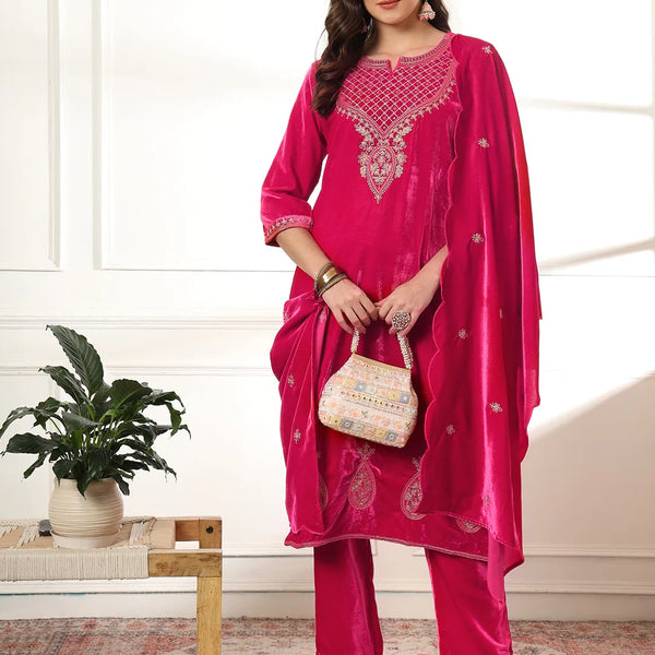 Yufta Pink Velvet Kurta Dupatta Set With Embroidery - Distacart