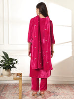 Thumbnail for Yufta Pink Velvet Kurta Dupatta Set With Embroidery