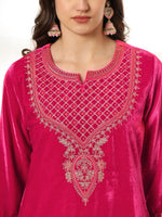 Thumbnail for Yufta Pink Velvet Kurta Dupatta Set With Embroidery