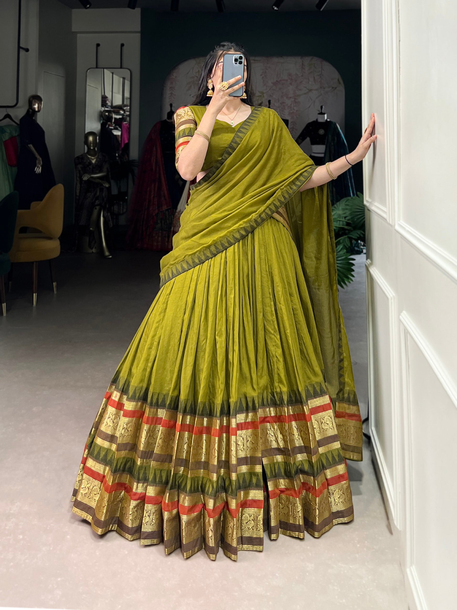 Pramukh Fab Olive Color Chanderi Lehenga Choli