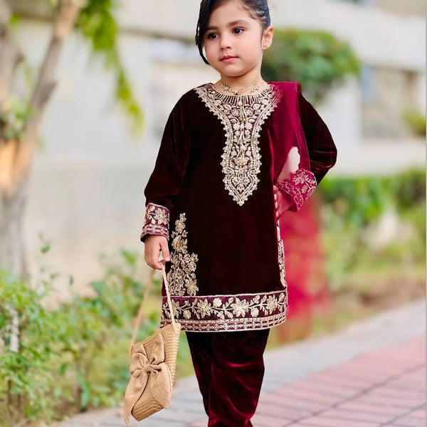 Evanik Maroon Designer Viscose Velvet Embroidered Work Kids Kurta Set - Distacart